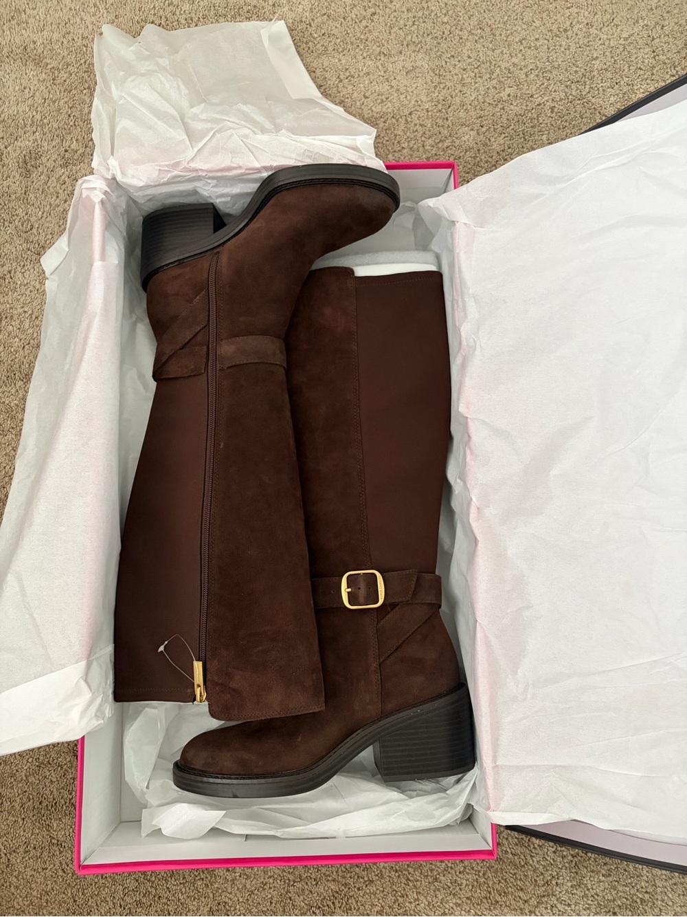 Vince Camuto Dark Brown Suede Knee-High Boots with Gold Buckle